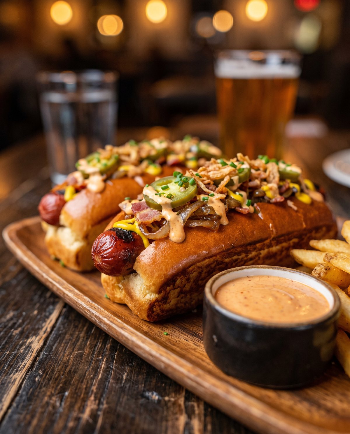 Gourmet hot dogs with chipotle dip