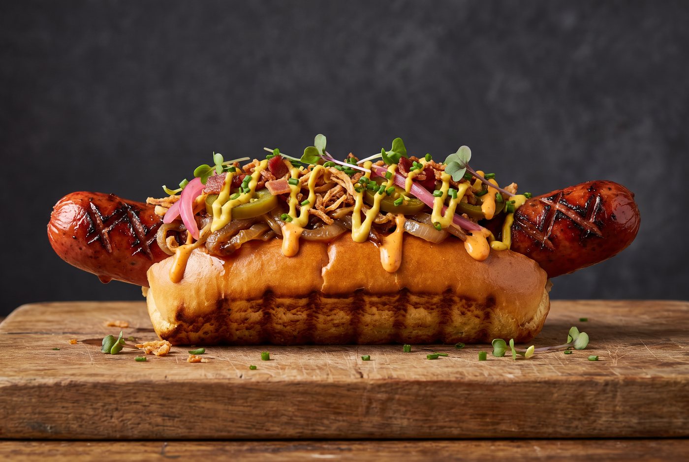 A loaded gourmet hot dog